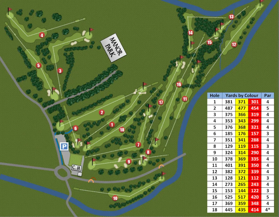 Map of the Mond Valley Golf Club course showing all 18 holes